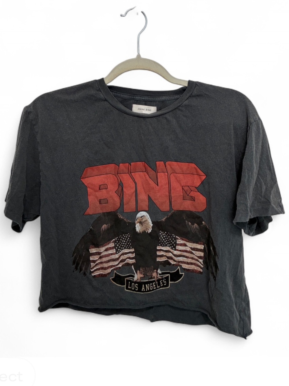 Anine Bing Gray Cropped Short Sleeve Tee with Red Logo & Eagle Flag Graphic